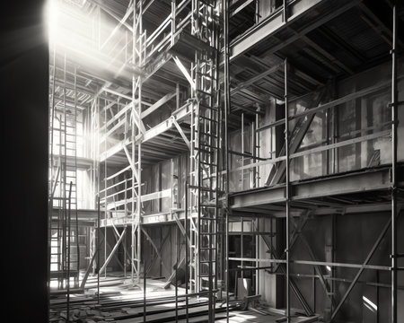 Repairs in the building. Building with a metal staircase at the time of renovation. Construction site in the house without people. Construction of a new house. Construction and arcの素材