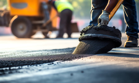 The empty orange truck. Road works flooring asphalt laying. Top view and a uniformed worker. Unloading of hot asphalt at a road construction site.の素材