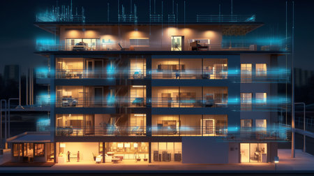 Construction site illuminated at night. Nobody. Strong concrete frame of a building. Building commercial and residential property.の素材