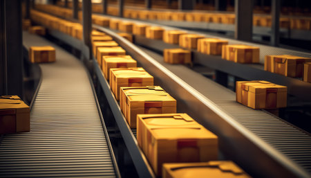 Empty conveyor belt of production line, part of industrial equipmentの素材