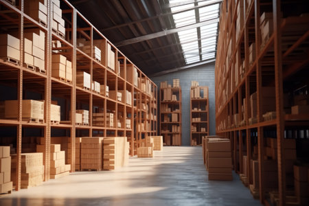 mezzanine and large storage with shelves, goods on the shelves, vertical storage, large storage roomの素材
