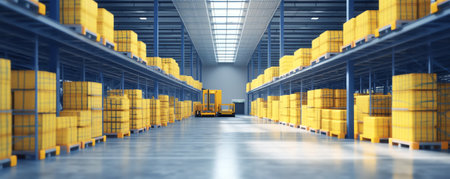 Warehouse or industry building interior. known as distribution center, retail warehouse. Part of storage and shipping system. Included box package on shelf, empty space and concretの素材