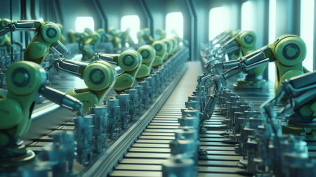 3d rendering robotic arms with empty conveyor beltの素材