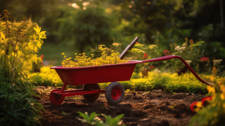 Wheelbarrow at a construction site with a flat tire, in gardening.の素材