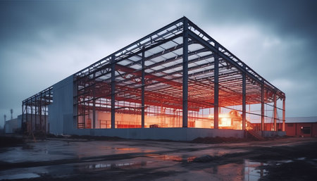 Empty warehouse structure made with strong construction of concrete, iron and metal.の素材