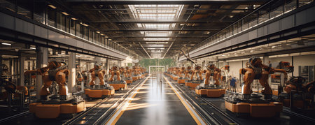 Wide angle shot of empty plant  workshop with machines and parts ready for assembling, copy spaceの素材
