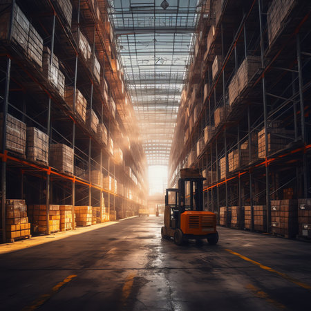 Big distribution warehouse with forklift for loading goodsの素材
