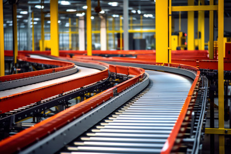 Empty conveyor belt with metal rollers in workshopの素材