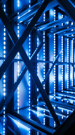 Part of metal structures with lights at height. Concert outdoor. Closeup.の素材