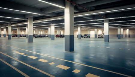 Several empty parking lots in an open garage with concrete wallの素材