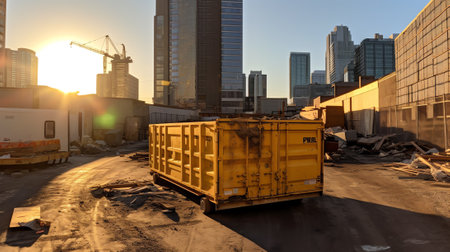 Construction waste in a half empty Red dumpster. Waste metal tank container filled with construction waste, rubble near a construction site.の素材