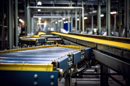 Empty plastic belt conveyor in production line. Food industry.の素材