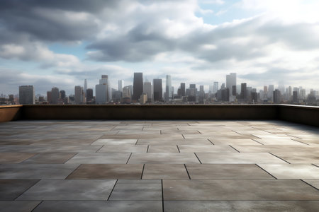 Perspective view of empty concrete floor and modern rooftop building with sunset cityscape scene. Mixed mediaの素材