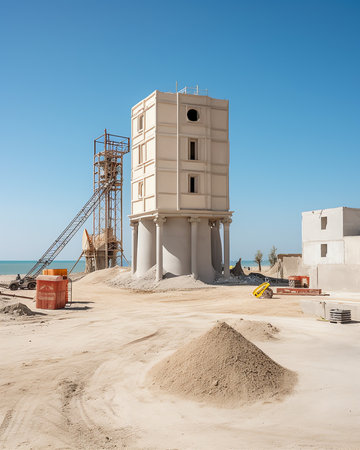 Empty cement mixing container is placed on the construction site of the house. Around there are equipment for construction work.の素材