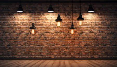 An empty courtyard lit by garlands of warm light bulbs. Old brick walls with large arched openings and wooden poles supporting wires with lamps. Concept of cosy atmosphereの素材