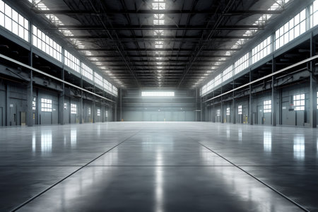 Warehouse interior. Empty warehouse without anyone. New warehouse interior without shelving. Storage room for company products. Spacious hangar with metal roof. Rental industrial pの素材