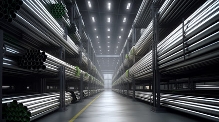 3d rendering of steel pipe product, row of shelf and concrete floor inside large warehouse building, factory or store for product display background of steel production industry anの素材