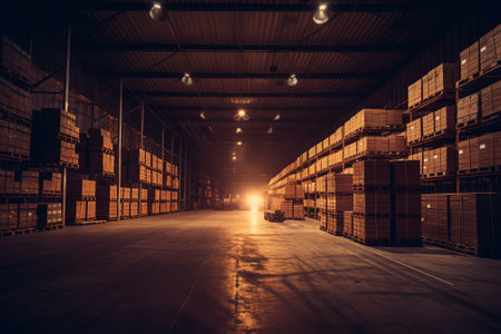 Warehouse. Production warehouse with barrels and boxes. Storage packaging on pallets. Chemistry barrels. Logistics center where goods are distributed.の素材