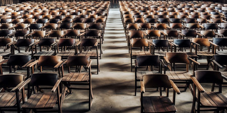 Empty chairs in the assembly hall are arranged in rows, top viewの素材