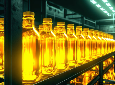 Plastic bottles with juice in beverage factory modern automated conveyor line or beltの素材