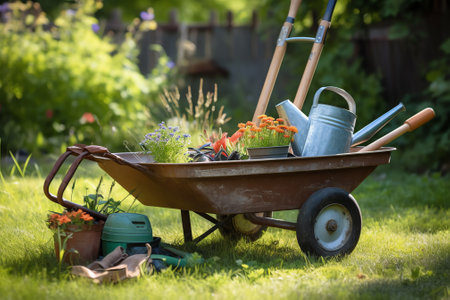 Construction cart. a wheelbarrow for garbage collection. garden stretcher. A shovel for digging the earth. a hand cart for household use.Garden concept . close-up.の素材
