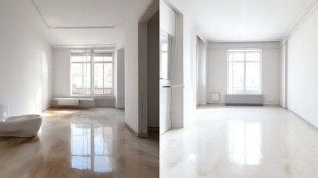 Unfinished building interior white room repairs in the apartment preparing in the roomrenovation concept - room before and after renovationの素材
