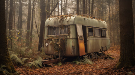 A dilapidated rotten and rusty metal hut on a work site. An old tin construction trailer with a round roof and a broken window from a meadow or pasture with a trailer drawbarの素材