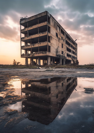 Suez Canal, Egypt - Mar 27 2013: Abandoned  construction site of large building, seen from the side of Suez Canal.の素材