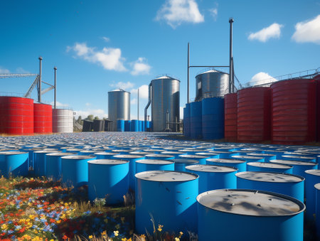 Blue plastic gallon drums barrel overlie together at a recycling plantの素材