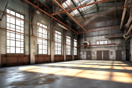 Interior of an old abandoned industrial building. 3D Renderingの素材