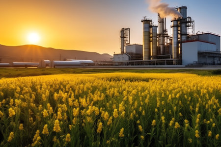 feed mill factory in production line at sunset and sea view in back ground, factory produce line of industrial estate area locate in middle of the city town against air pollutionの素材