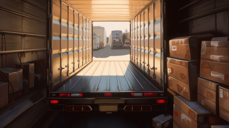 Several wooden crates inside the cargo van. The boxes piled in a disorderly pile. Interior view of empty semi truck lorryの素材