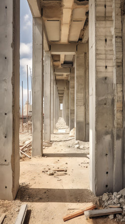 Abandoned empty construction site with scaffoldingの素材