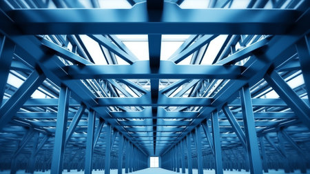 Steel frame truss framework construction of an industrial warehouse building in construction siteの素材