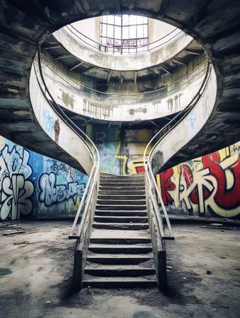 a desolate old industrial building inside, stairの素材