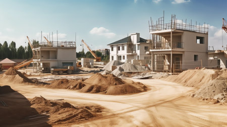Facades of a multistory building under construction. Construction site, tools, wheel barrow, sand and bricks at new house building, cement mixer machine and accessoriesの素材