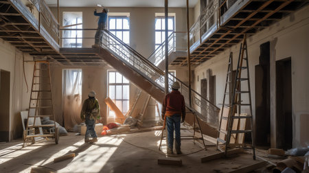 Repairs in the building. Building with a metal staircase at the time of renovation. Construction site in the house without people. Construction of a new house. Construction and arcの素材