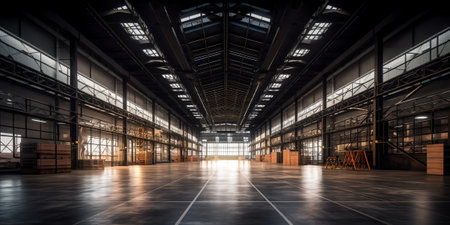 Modern interior of huge empty warehouse. New distribution storehouse. Metal construction. Industrial architecture.の素材