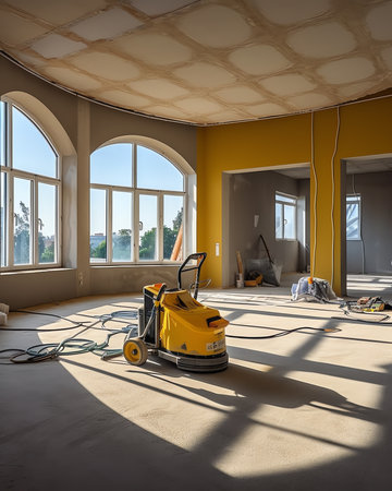 Construction site, tools, wheel barrow, sand and bricks at new house building, cement mixer machine and accessoriesの素材