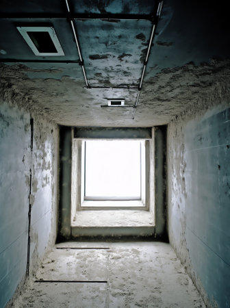 The room is under construction with a rough finish, plastered walls, concrete floor. Wiring of ventilation pipes on a concrete ceiling in a house under construction.の素材