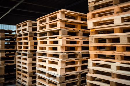 industrial wooden pallet stands outside against a wallの素材