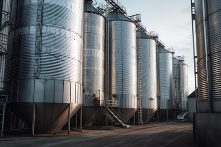 Large stainless steel fermenters used to make wine, modern wine production area. Winery in Azerbaijanの素材
