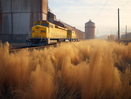 Detail shot of railway tracks with overgrown vegetation and rust. Industrial factory and power lines visible in the background.の素材