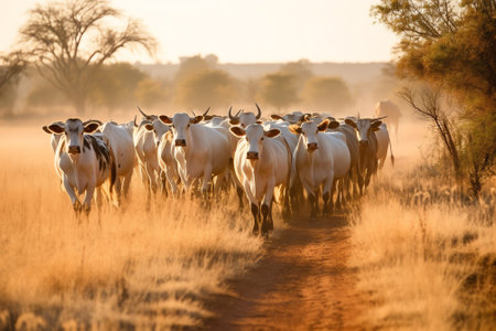 Herd of cows going home in the late afternoon over barren fields.の素材