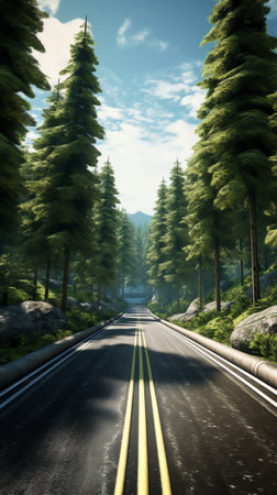 Rows of tall old pine trees and other vegetation planted around cracked concrete and paved road at abandoned industrial complex on warm sunny summer dayの素材