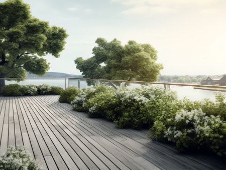 Abandoned construction of a wooden terrace on a balcony with wild plants. A new wooden, timber deck being constructed.の素材
