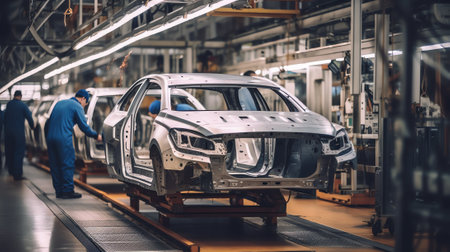 Metallic car carcasses on conveyor in assembling workshopの素材