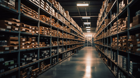 Minsk, Belarus - Dec 15, 2021: Photo of a warehouse with boxes on the shelves. Utility room of a technological plant. Factoryの素材