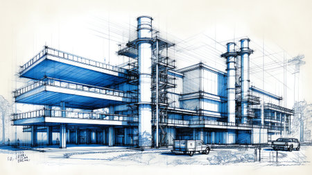 Architecture drawing style visualization of plant with offices and fabrication placesの素材