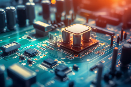 Manufacturing circuit board copper foil modern manufacturing assembly line. Digital industrial workshop. Industrial background elements.の素材